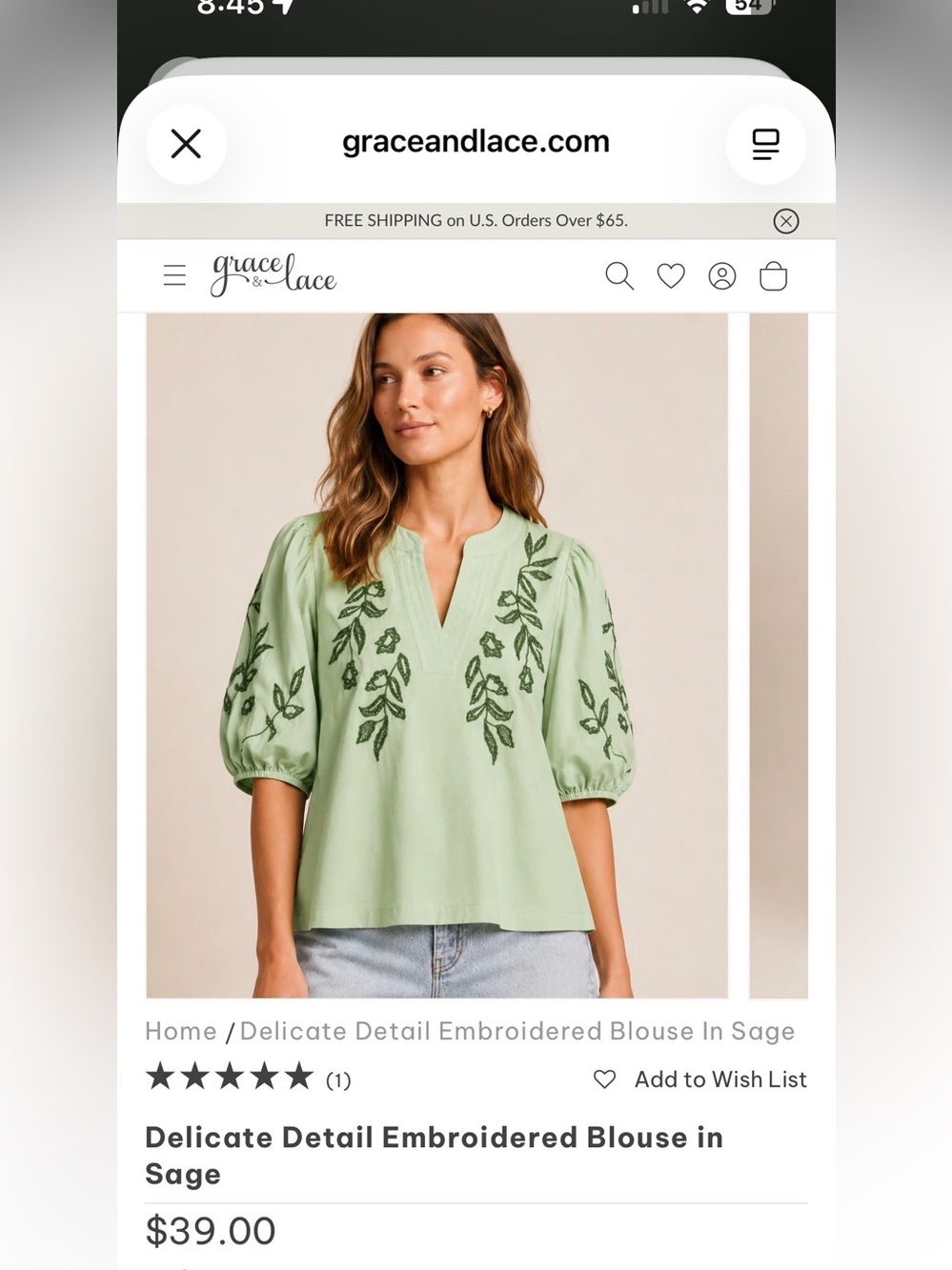 Mint Green Embroidered V-Neck Puff Sleeve Blouse ptp 21 length 25